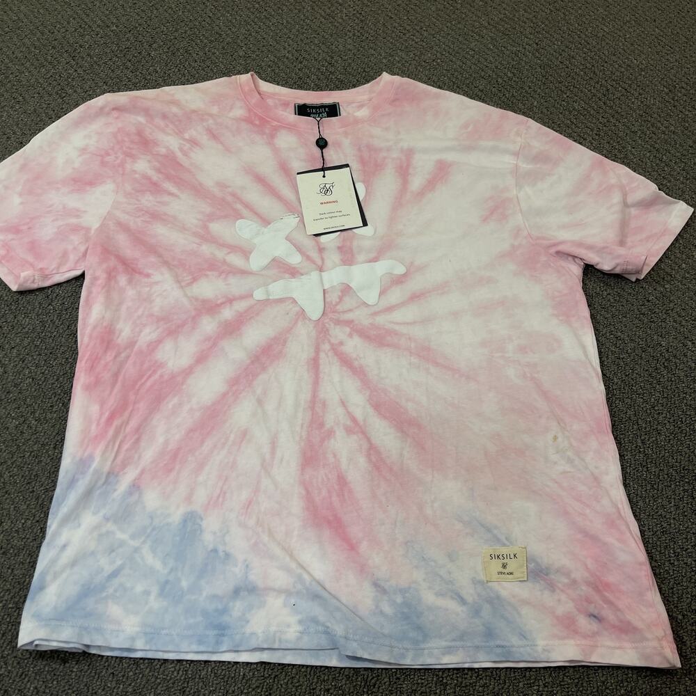SikSilk Shirt Mens Large Pink Blue Tie Dye Steve Aoki Collab Graphic Tee New